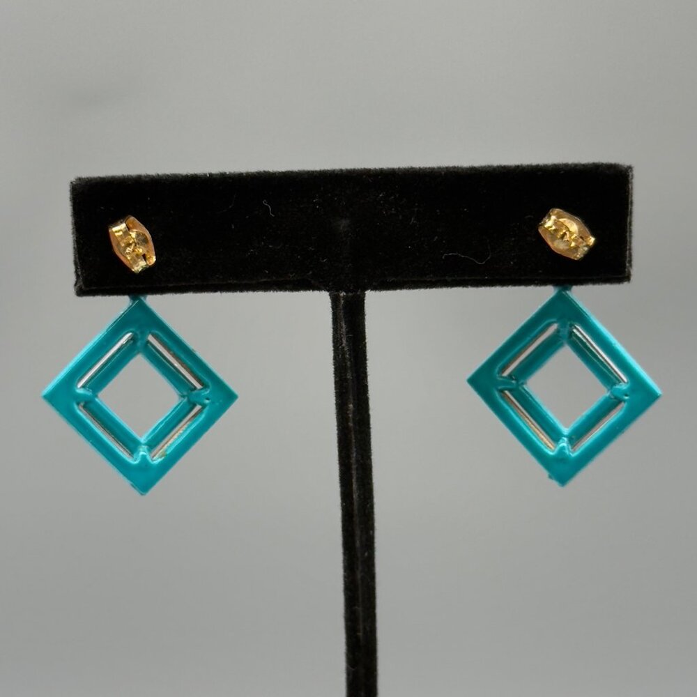Vintage Bright Multicolor Retro Geometric Enamel Block Square Earrings 80's - Picture 4 of 10